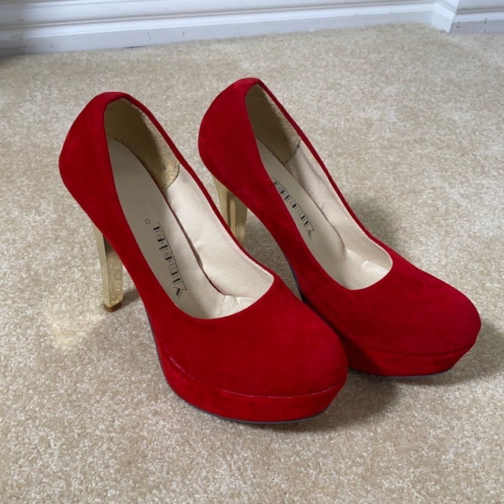 Women’s Red Suede High Heels with Gold Heels Size 7